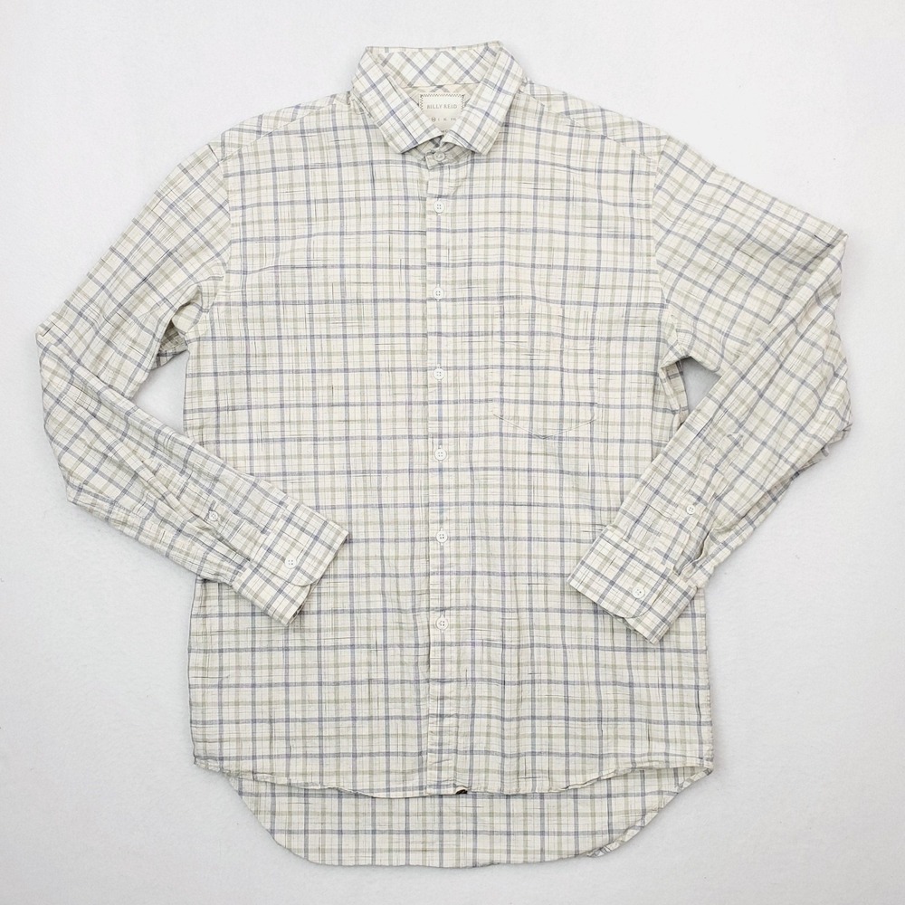 Billy Reid Shirt Mens Medium Beige Blue Plaid Long Sleeve Button Up Standard Cut